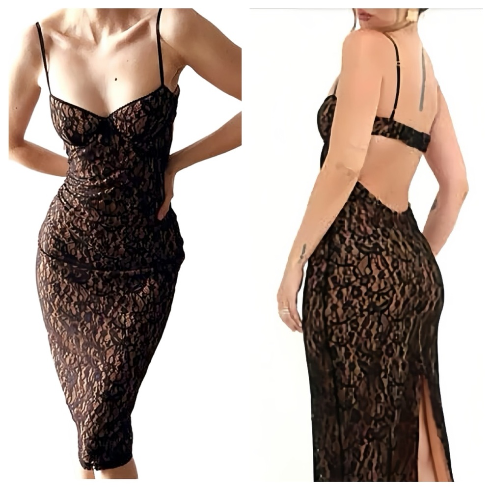 Rumored Bordeaux Black Lace Midi Dress Party Retro Retro Pinup Cocktail  Dress